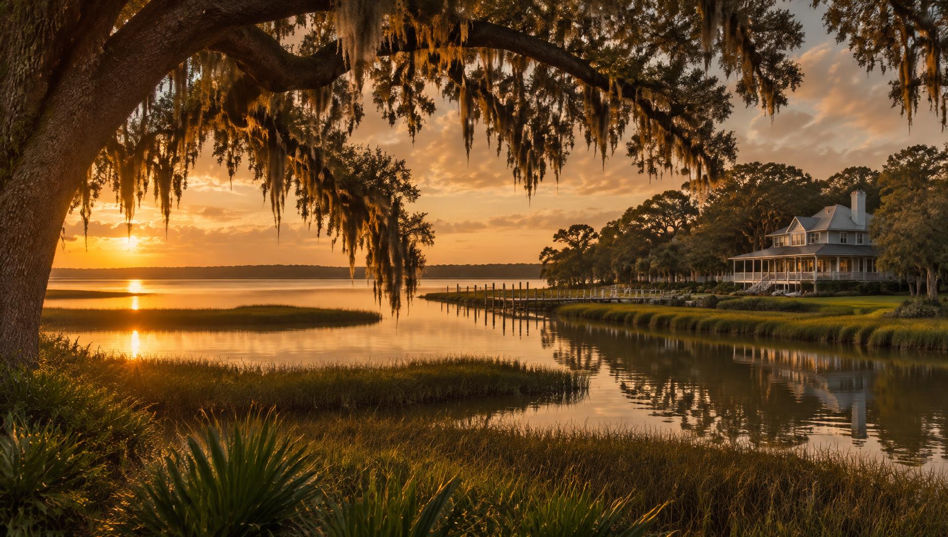 Golden-hour marsh and live oaks along a Northeast Florida waterfront